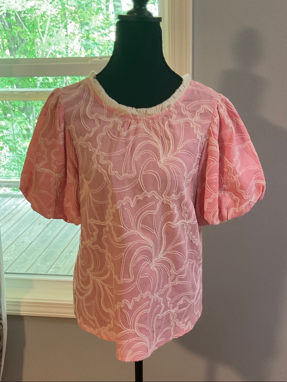 Light Pink Puff-Sleeve Embroidered Blouse